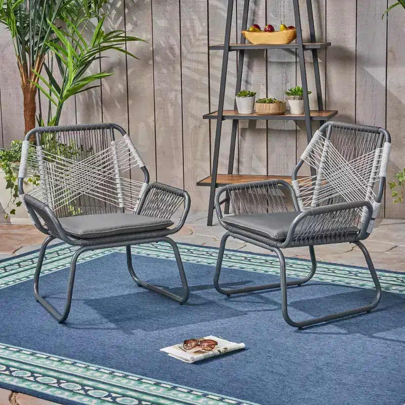 Christopher Knight Home Idaho Outdoor Rope and Steel Club Chairs with Cushion (Set of 2), Gray/White