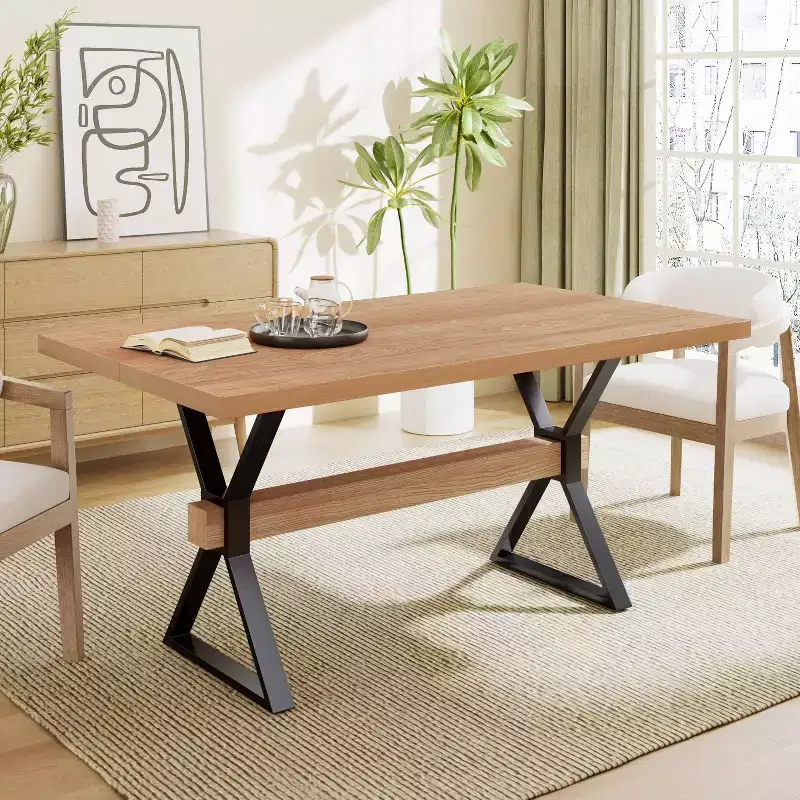 63" Rustic Metal and Wood X-Shape Dining Table Natural