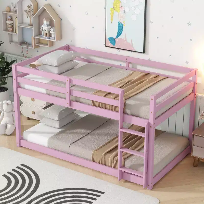 MATEERTY Solid Wooden, Twin Floor Bunk Bed wit Ladder, Upper and Bottom Bed Platforms Crafted with Stregthened Slats Pink