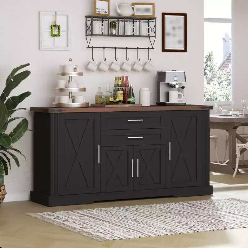 63 Sideboard Buffet Cabinet, Entryway Coffee Bar Cabinet with 2 Drawers & Adjustable Shelves, Wood Console Table, Floor Cupboard Cabinet