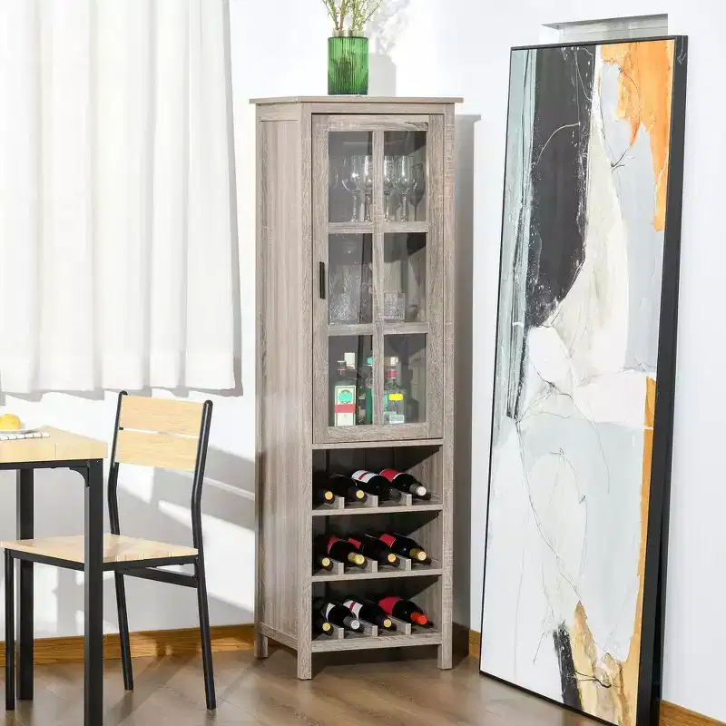 HOMCOM Tall Wine Cabinet, Bar Display Cupboard with 12-Bottle Wine Rack, Glass Door and 3 Storage Compartment for Living Room, Home Bar, Dining Room