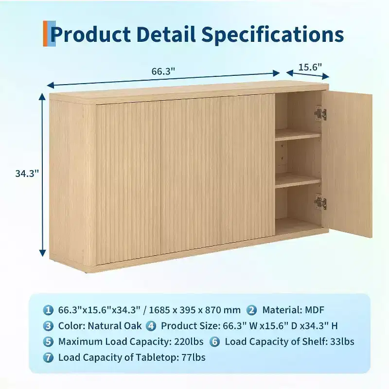 66.3 Fluted Buffet Cabinet with Storage, Wide Sideboard Cabinet with 4 Doors & Adjustable Shelves, for Kitchen, Entryway, Living Room