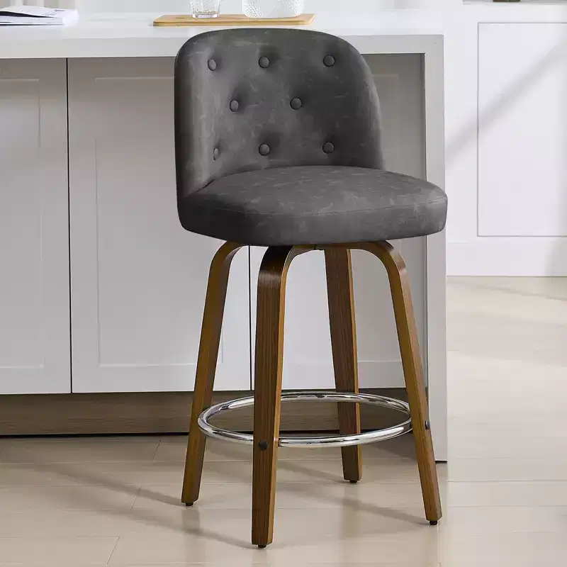 29 Swivel Upholstered Bar Stools, Leather Cushion Seat & Button-tufted Back Design with Bentwood Legs, Dark Grey