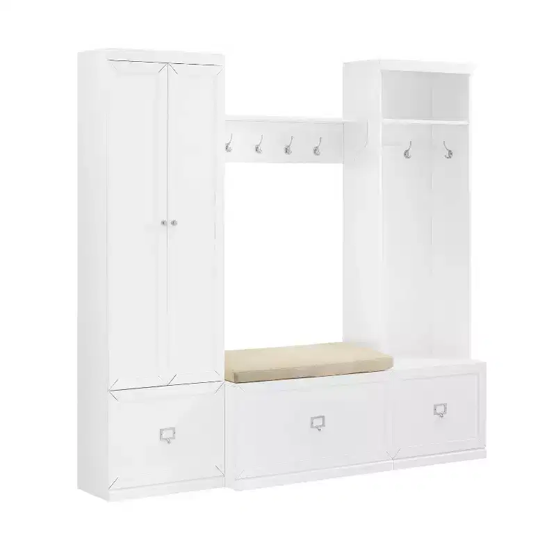 4pc Harper Entryway Set with Bench, Shelf, Hall Tree and Pantry Closet Set White - Crosley