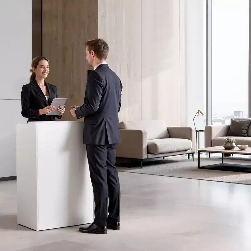 VEVOR Reception Desk, 23.6 in Rectangular Front Counter Table, Modern Office Reception Desk with Drawer, Small Minimalist Retail Counter Table,White