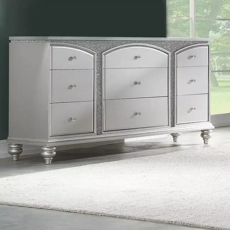 67" Dressers Platinum - : Glendale Style, 9 Drawers, Crystal Knobs, No Assembly Required