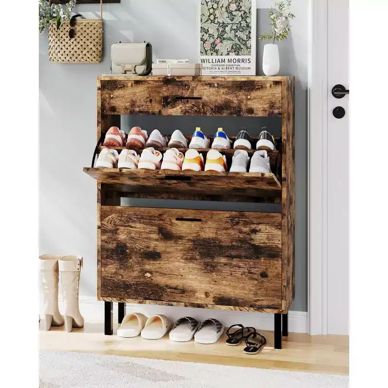 Dual Flip Drawer Shoe Storage Cabinet, Space-Saving Organizer for Entryway, Hallway, or Mudroom, Hidden Shoe Rack Cupboard for Neat and Tidy Storage