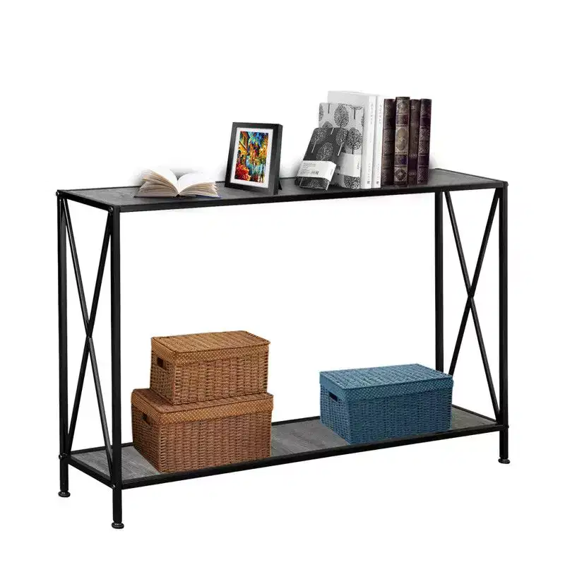 Simple 2-layer X-shaped Side Frame Density Board Iron Frame 120 * 23 * 74cm Gray Board Black Frame Door Storage Entrance Table