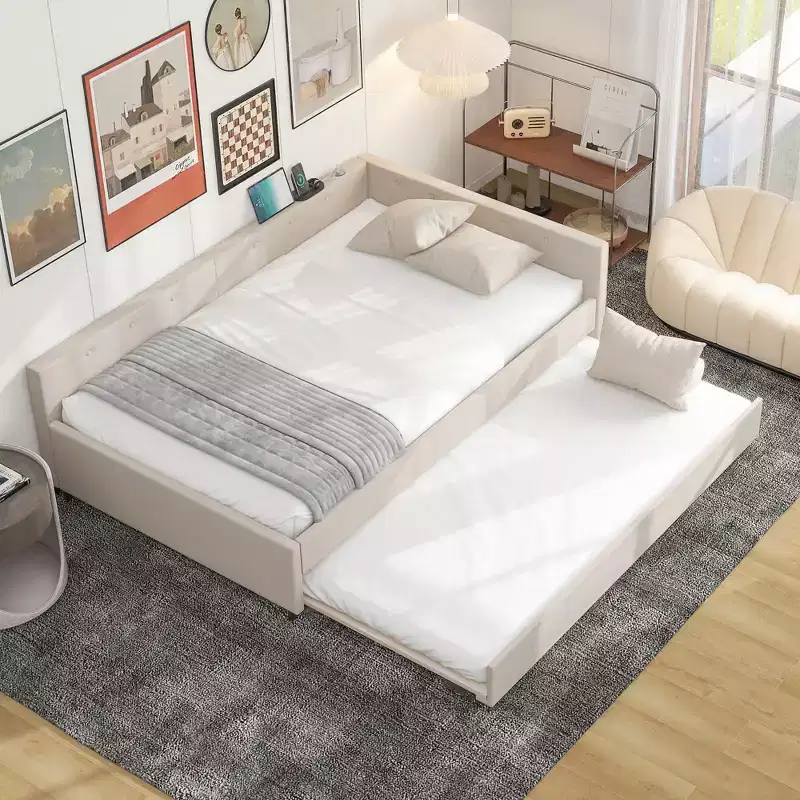 Upholstered Daybed with Trundle and USB Port, Wood Daybed Sofa Bed with L-Shape Headboar for Kids Teens Adults, Beige