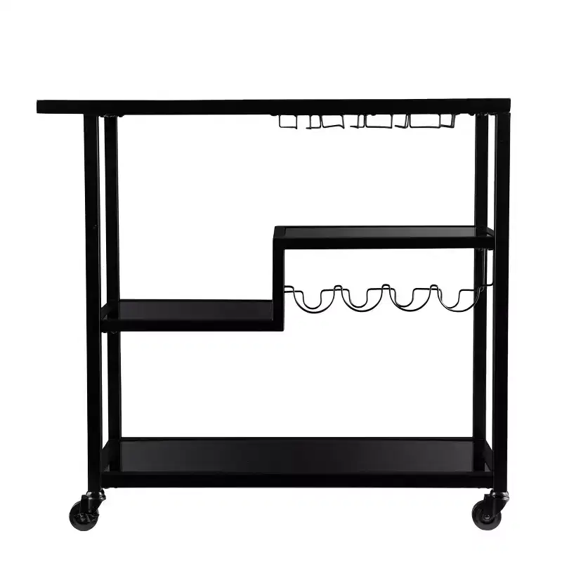 Black Iron & Smoked Mirror Bar Cart with Wine Rack & Glassware Holders