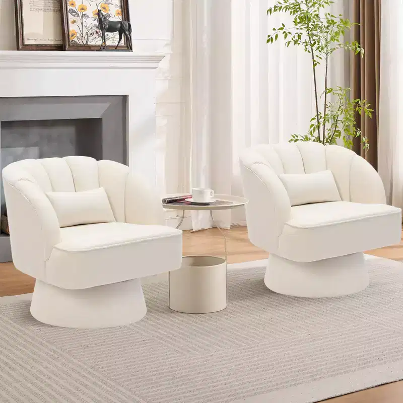Modern Swivel Barrel Accent Chair, 360 Degree Velvet Upholstered Armchair with Striped Backrest & Plush Padding, Comfy Round Lounge Chair 2 PCS