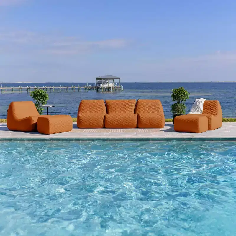 Big Joe Solvana Outdoor Patio Furniture Set, Weather-Resistant Cool Touch Silicone Stitched Leather Sofa, 7 Piece Sectional, Honey Sand