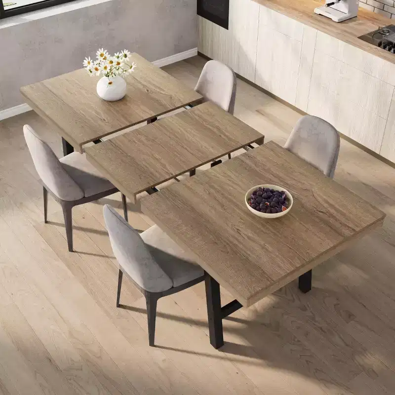 63-83 Extendable Dining Table, Industrial Rectangular Dining Room Table for 6-8 People, Expandable Kitchen Table with Heavy Duty Metal Frame