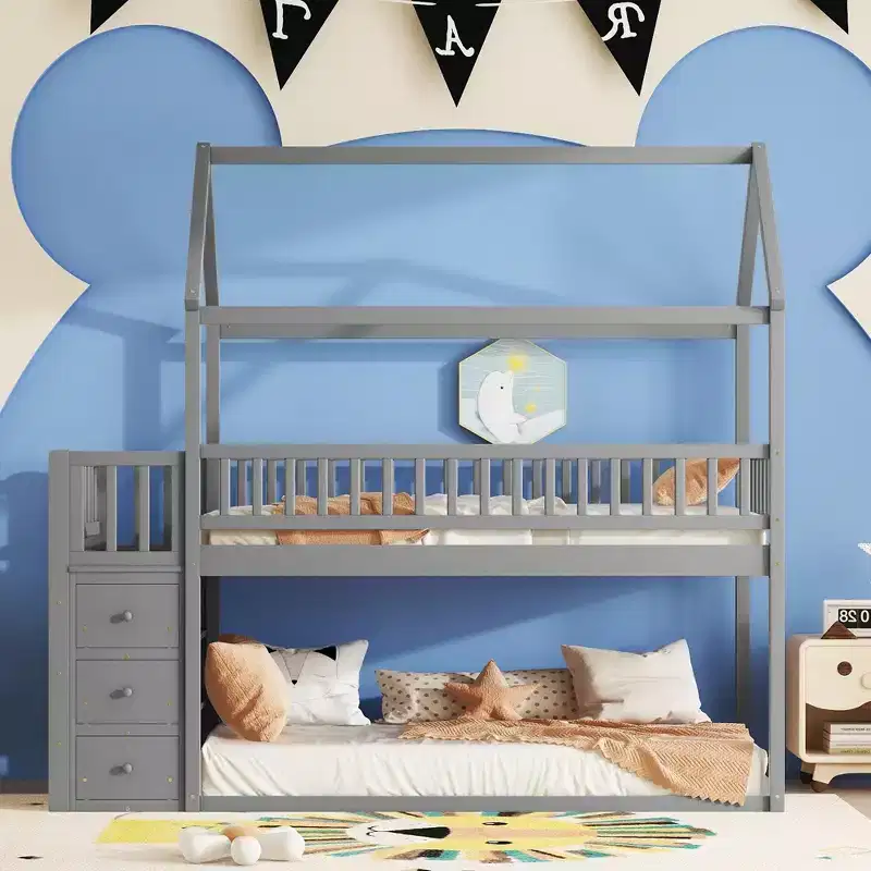 Whisen Twin Over Twin House-shaped Bunk Bed with Shelves, Drawers and Fence Guardrails