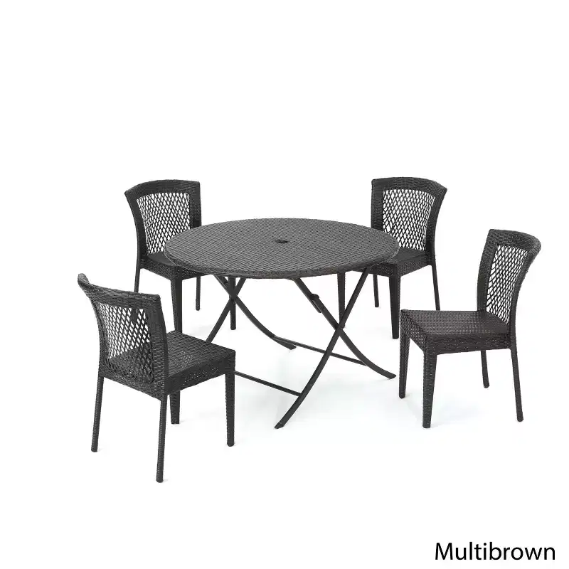 Rai 5pc Wicker Dining Set: Brown Patio Dining, Weather-Resistant, Wrought Iron Frame, Stackable Chairs, Circular Table