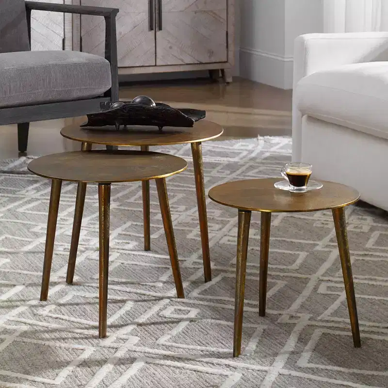 Uttermost Modern Antique Gold Metal Round Nesting Tables Set of 3 Three Tapered Legs for Living Room Bedroom Bedside Entryway