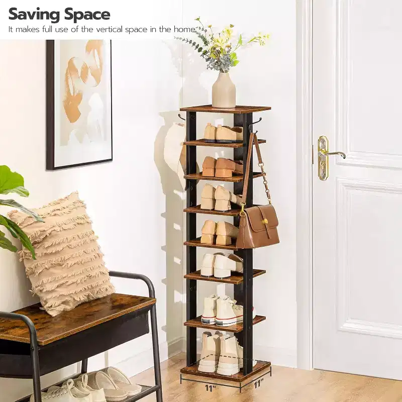 8 Tiers Vertical Shoe Rack, Narrow Wooden Shoe Storage Organizer with Hooks, Space-Saving Shoe Tower Holds 8 Pairs