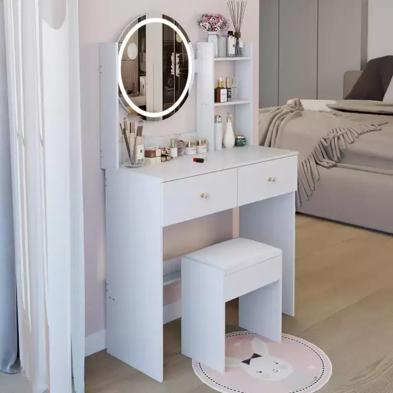 Okak Elegent Makeup Vanity with Round Mirror, Vanity Table with Soft Cushion Stool and Touch Switch, Dressing Table with Ample Storage, White