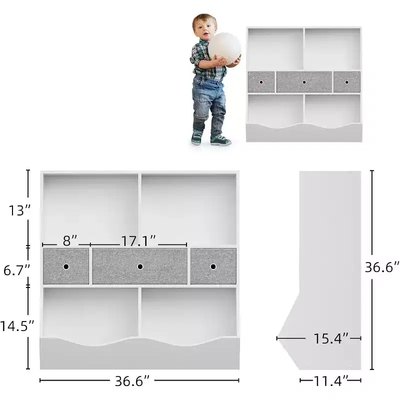 Kids Toy Storage Organizer, Bookshelf with Shelves, Bins and Drawers, Child-Safe Storage Cabinet for Playroom or Bedroom, 37 x 15 x 37 Inch