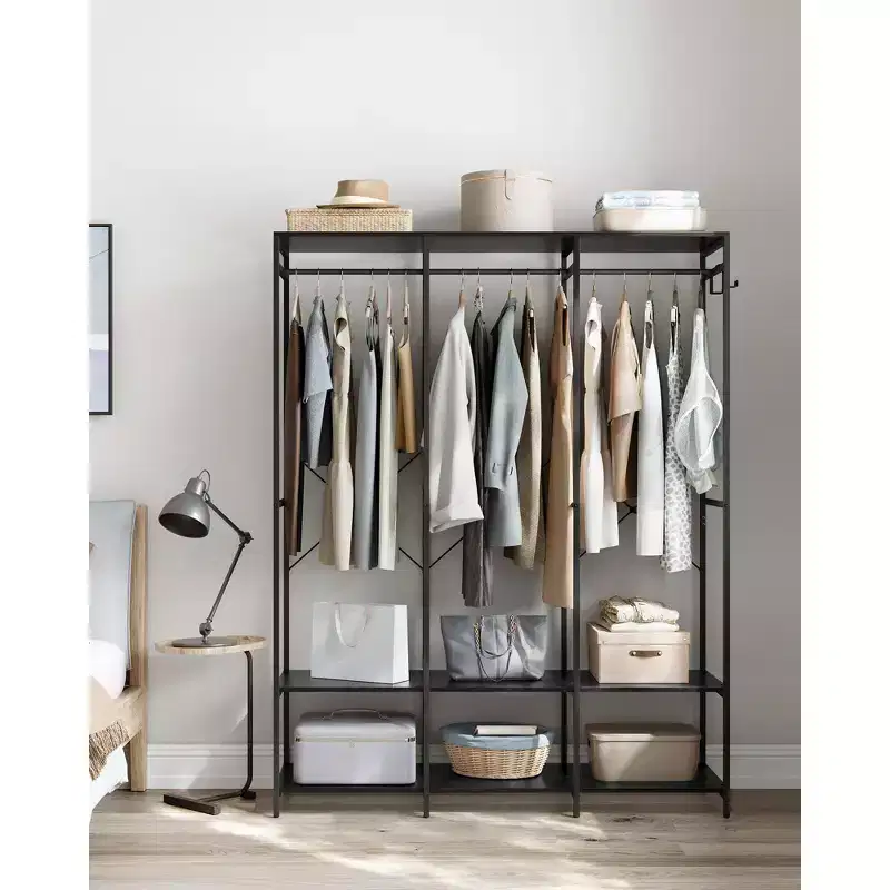 SONGMICS Clothes Rack, Iron and Wood Wardrobe Closet Organizer, Heavy Duty Garment Rack with Hanging Rods