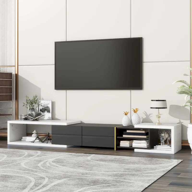 Extendable TV Stand with 2 Drawers and 4 Shelves