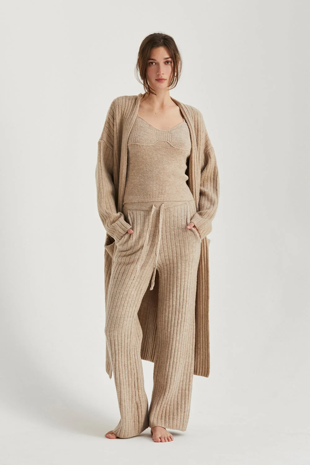 Longline Open Front Ribbed Knit Sweater Cardigan with Patch Pockets