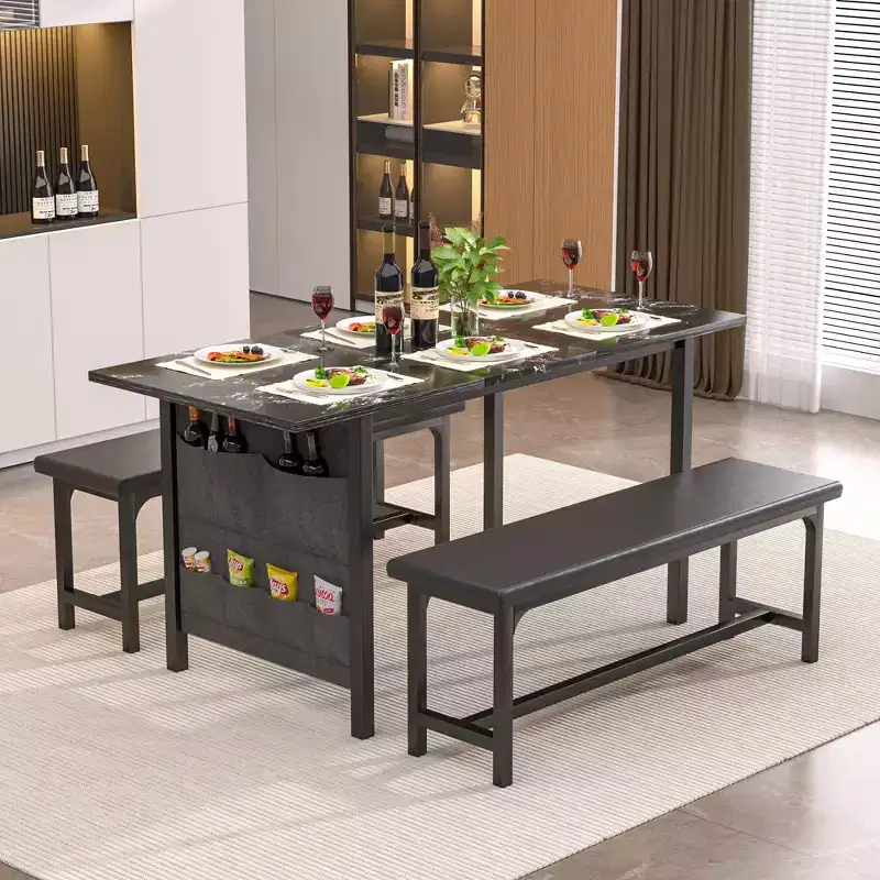 VECELO 3-Piece 63 Extendable Kitchen Table with Benches Chairs, Modern Breakfast Dinette Dining Room Set for 8/6/4, Black/Brown/White