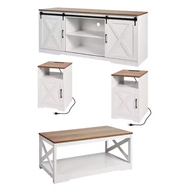 VEVOR 4 Pieces Farmhouse Coffee Table Sets, 40 in Coffee Table with 2 End Tables and 66 in TV Stand, White&Brown