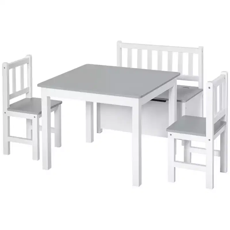 Qaba 4-Piece Kids Table Set with 2 Wooden Chairs, 1 Storage Bench, and Interesting Modern Design
