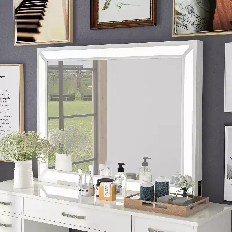 Contemporary LED Vanity Mirror With USB Port and 2 Pocket Drawers, 47.25 x 36 Inches, Luminous White