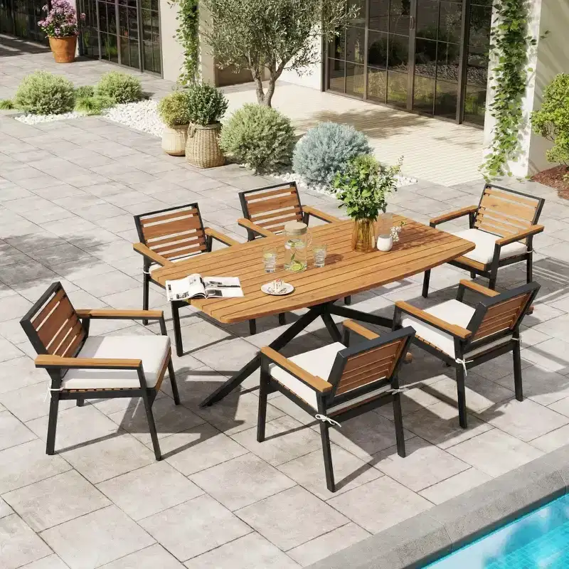Whisen 7-Piece Outdoor Dining Set for 6, Patio Table And Chairs Set, Garden Dining Seating Set, 1 Rectangle Dining Table & 6 Chairs with Cushions