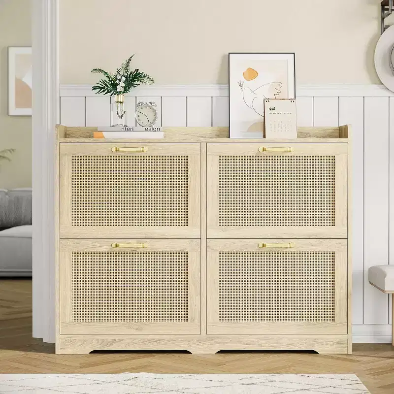 Freestanding Rattan Accent Ultra Slim Shoe Cabinet for Entryway - 4 Flip Drawers , Farmhouse Modern Rustic Shoe Rack for Hallway, Foyer, Living Room