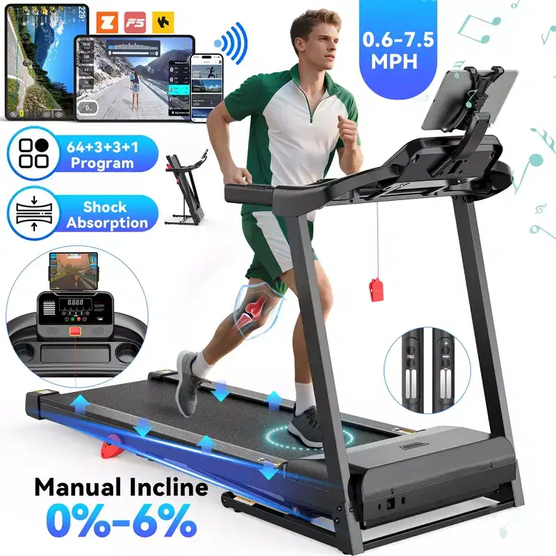 3.0HP Treadmill 300lbs Capacity, 6% Incline Folding Treadmill for Home, 0.6-7.5MPH, 16 Wild Belt, Shock Absorption