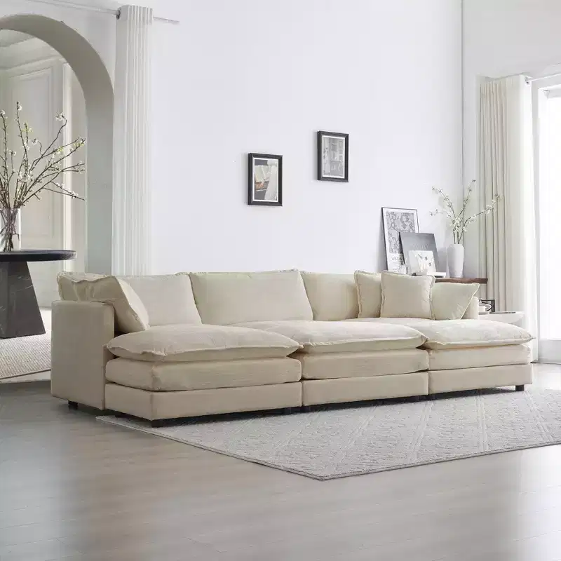 6 Seater Sectional Super Soft Sofa U Shaped Sectional Couch with 3 Ottomans 3 Toss Pillows and 2 Arm Pillows Beige Chenille
