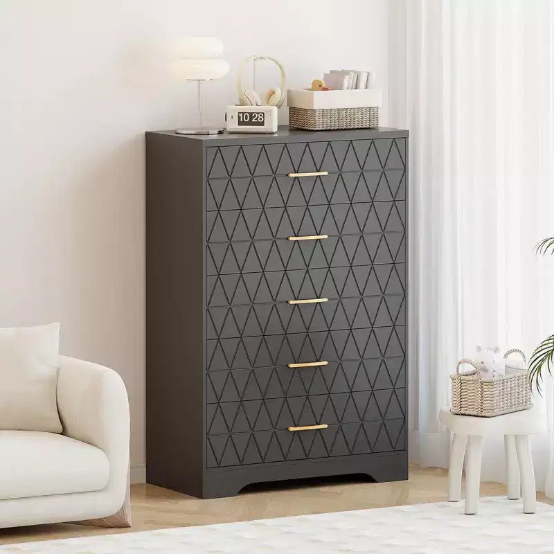 5 Drawer Wooden Dressers for Bedroom, Wood Chest of Drawers with Gold Handles for Closet, Modern Nightstand for Bedside, Storage Organizer Cabinet