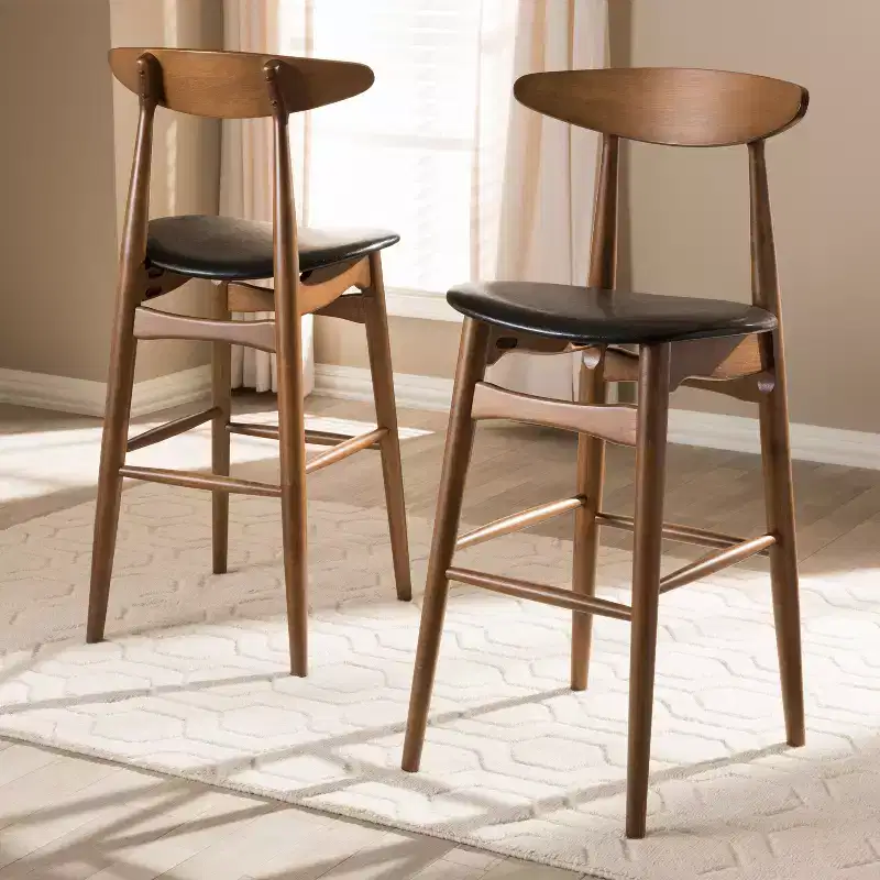 HomeStock Flora Mid-Century Modern Black Faux Leather Upholstered Walnut Finished Bar Stool Set