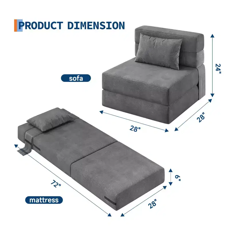 Folding Sofa Bed, 4-in-1 Convertible Sleeper Chair with Pillow, Single Futon Couch Bed with Back Support,Portable Fold Out Chair Bed Comfy Floor Sofa