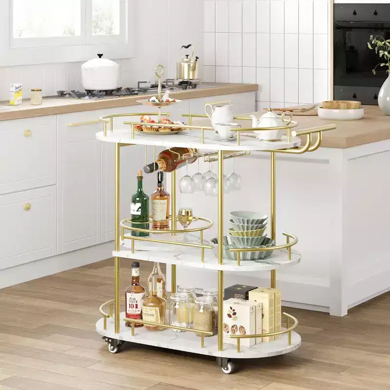 2023 Rotating Serving Cart, Metal & Wood Material, Gold, for Home & Party Use