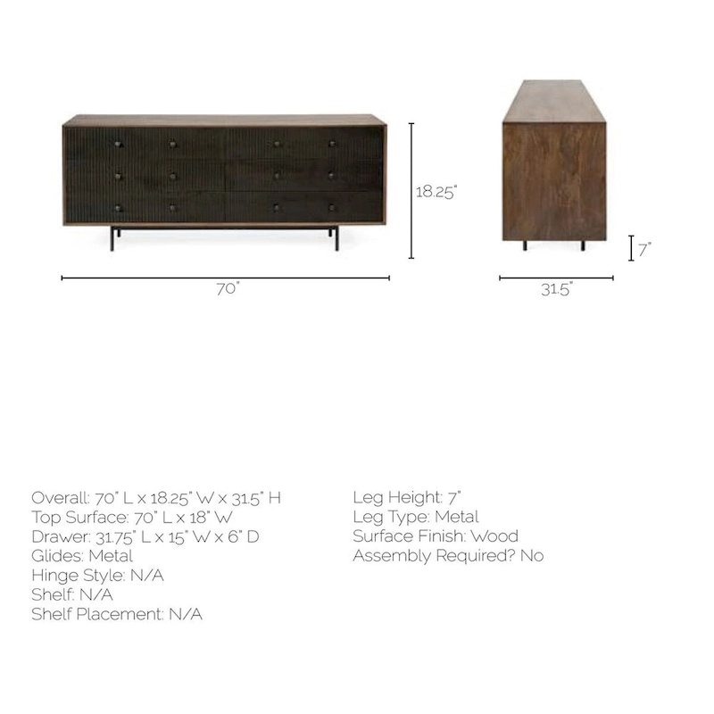 Grace Two-Tone Brown Solid Wood 6 Drawer Sideboard - 70.0L x 18.0W x 31.0H