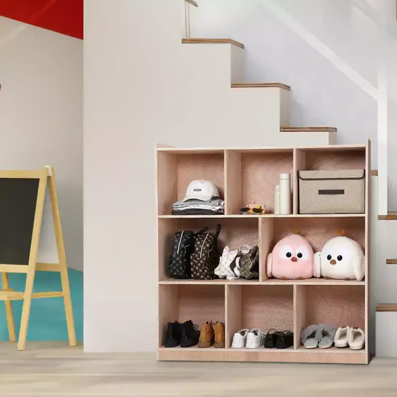 Kids 8-Cubby Storage Cabinet with 4 Casters, 2 Storage Boxes and 5 Hooks, Plywood, 48x12x36.2