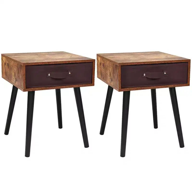 Costway Set of 2 Mid-Century Nightstand End Accent Bedside Table W/ Drawer Rustic White\Brown