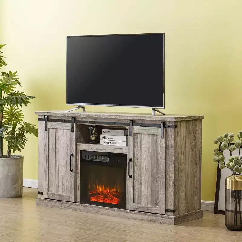 Sliding Doors Electric Fireplace TV Stand for TVs up to 60" Antique Gray Oak - MDF & Nickel Hardware, Cable Management