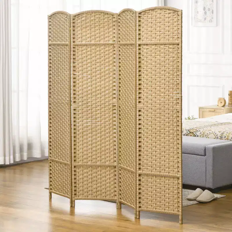 MAYEERTY 4 Panel Folding Privacy Screen 5.6'Tall Freestanding Wall Partition for Home Office Natural Wood