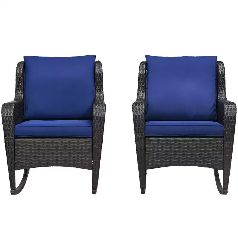 2 Piece Outdoor Wicker Rocking Chairs, Rattan Rockers with Cushions, Steel Frame for Patio, Garden