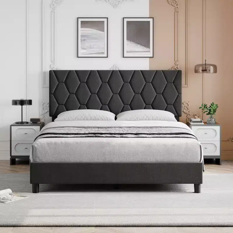 Full Size Bed Frame , Upholstered Platform Bed with Headboard and Soft Fabric, Mattress Foundation,No Box Spring Needed,Easy Assembly