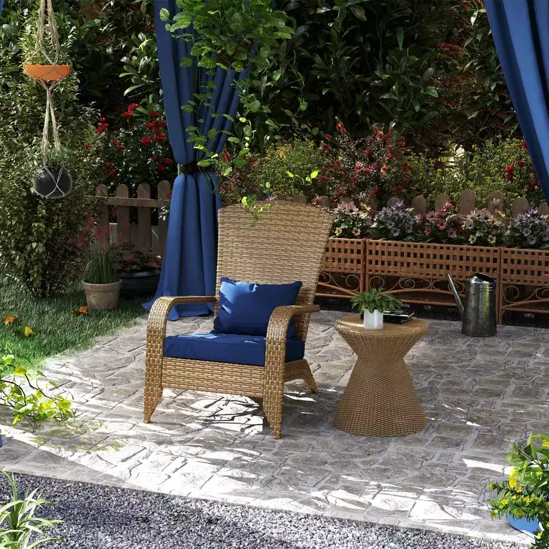 Patio Adirondack Chair with Rattan Wicker, Soft Cushions, Tall Curved Backrest for Deck or Garden