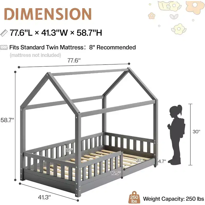 AMERLIFE Twin Size House Bed for Kids with Guardrails, Removable Rails, Playhouse Roof, Montessori Wooden Floor Bed Frame, Easy Assembly