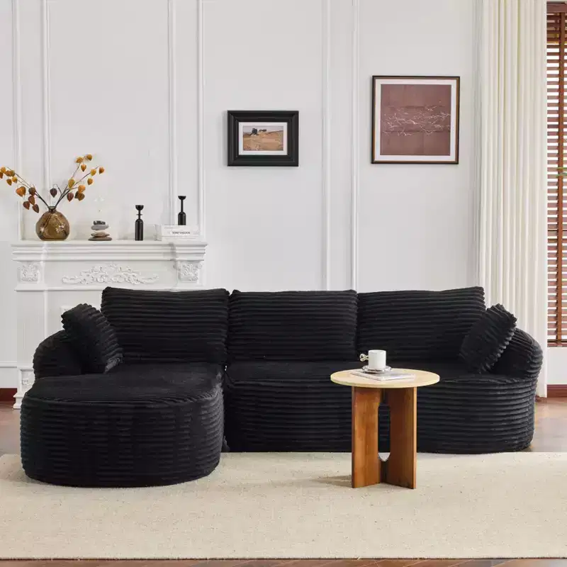 Karl Home |100 in.W Round Arm Corduroy Round L-shaped Boneless Sofa in Black