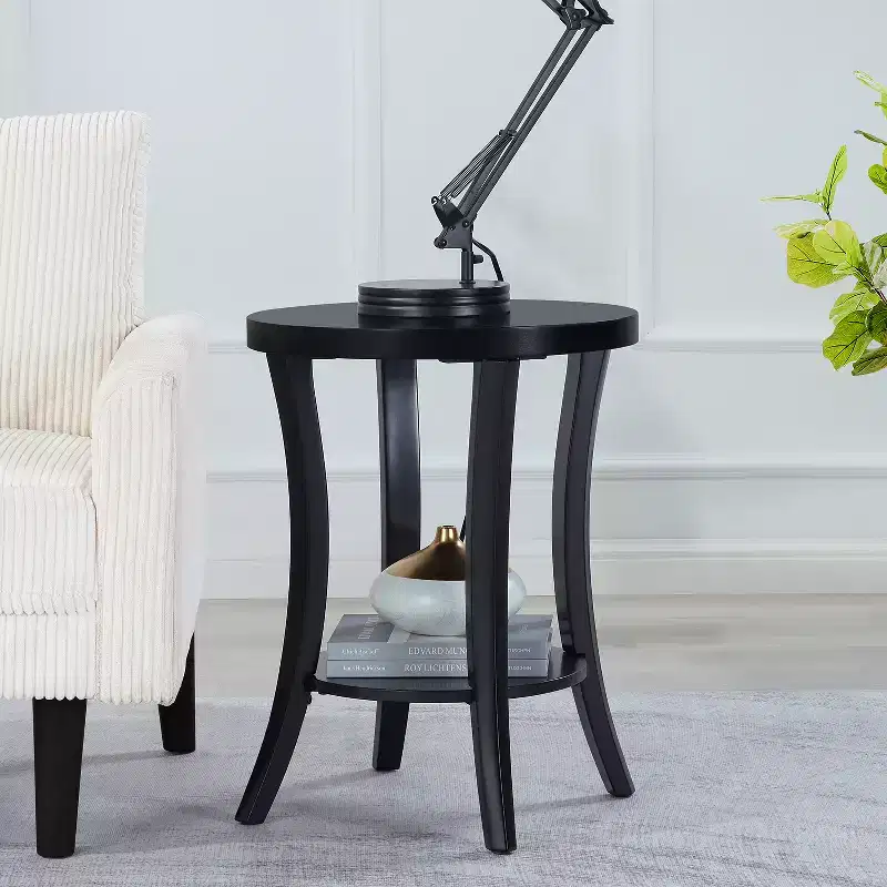 Round End Table with Shelf Two-Tier Storage Accent Furniture with Curved Legs and Smooth Veneer Finish for Home