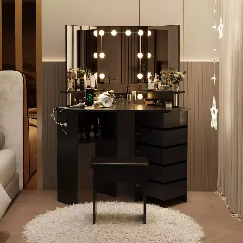 Corner Makeup Vanity Desk with Lights, Dressing Table with Power Outlet